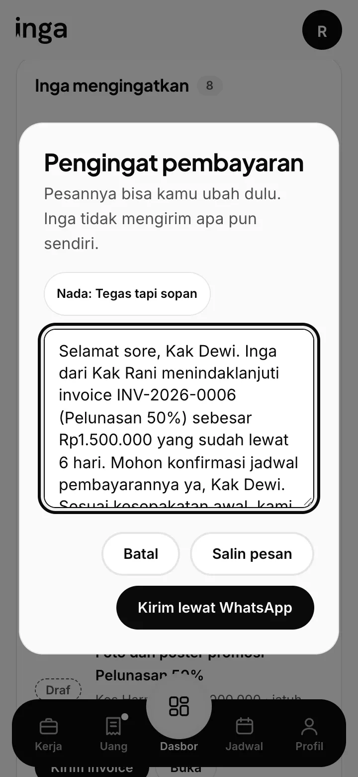 Pesan pengingat pembayaran yang disiapkan Inga, siap dikirim lewat WhatsApp